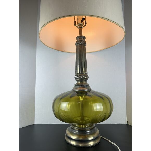 VTG 1970'S Mid Century Hollywood Regency Green Optic Glass Table Lamp Tested - Picture 5 of 8
